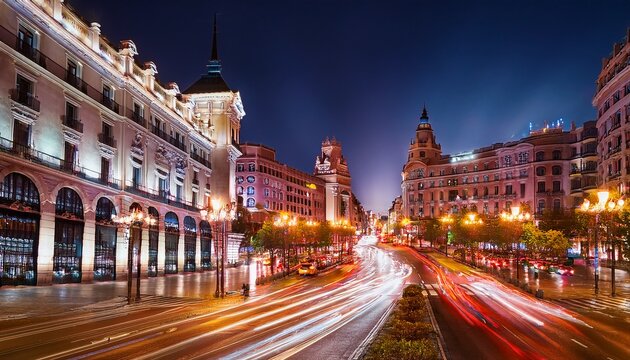 madrid nightlife gran via callao square traffic lights at night