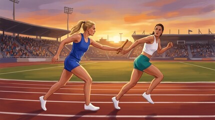 Fototapeta premium athlete passing baton in relay race on Olympic track at sunset teamwork speed coordination dynamic sports concept.