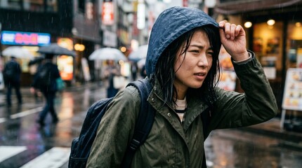 Fototapeta premium Person running to take cover from sudden rain urban lifestyle movement urgency wet weather spontaneous moment concept.