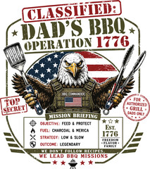 Obraz premium Patriotic BBQ humor design, colonial general grilling burgers, Founding Father of Flavor, Liberty Justice BBQ Est 1776, white background