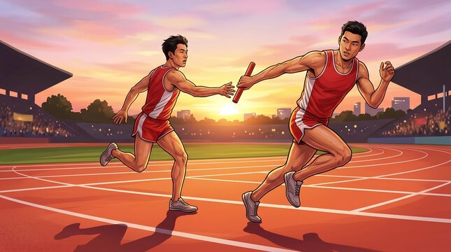 athlete passing baton in relay race on Olympic track at sunset teamwork speed coordination dynamic sports concept.