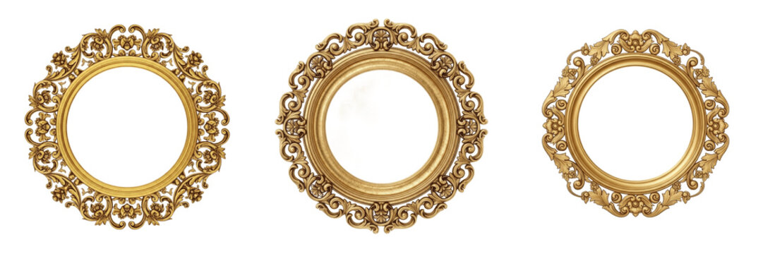 Luxury Vintage Round Gold Frame Set Isolated on White Background, Elegant Antique Ornate Borders for Portraits and Mirrors