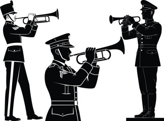 Military trumpeter silhouettes, army band illustrations, black and white vector graphics, trumpet player icons © md