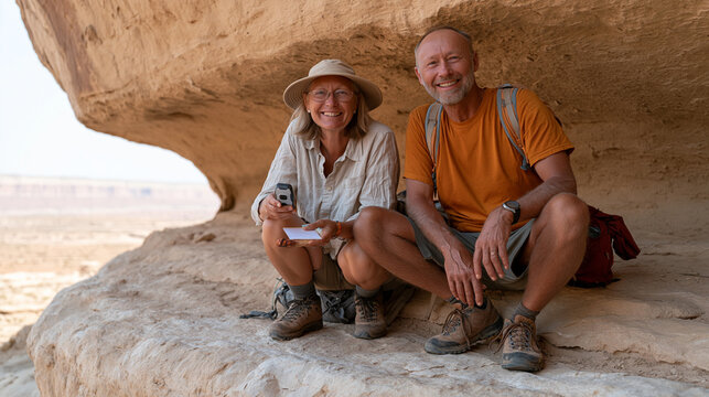 Two hikers in July desert wilderness crouch beside a geocaching logbook tucked under a sandstone overhang, GPS unit in one hand, trade item in the other, packs leaned against