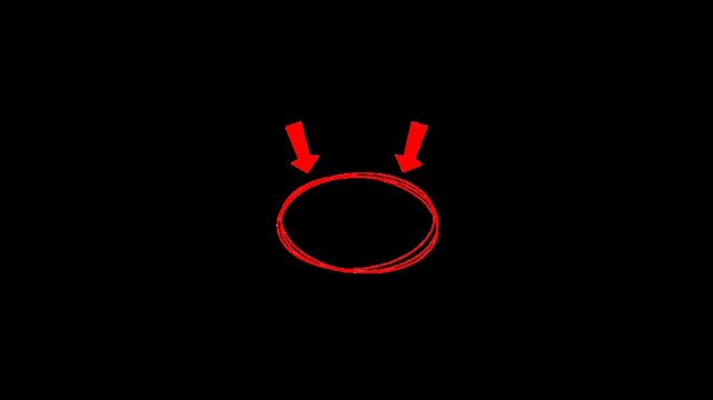 A red circle with two arrows pointing to it on a black background