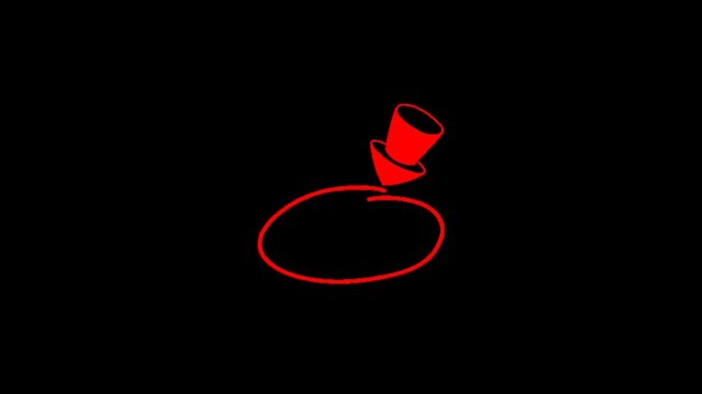 A minimalist red line drawing of a top hat on a circular object against a black background with simple design