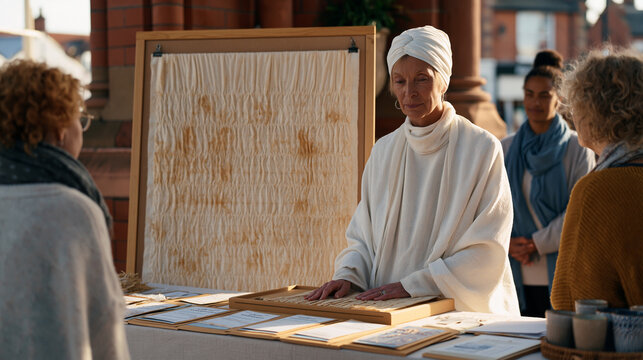 Smocking embroidery artisan at a community textile fair demonstrates honeycomb pleating to three attentive adult learners, the gathered fabric panel mounted on a display board