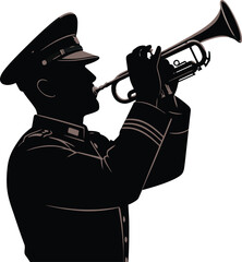 Military, trumpet player, silhouette illustration, brass instrument, uniformed musician © md