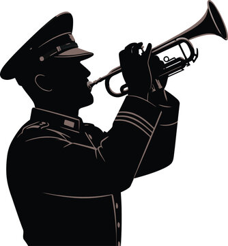 Military, trumpet player, silhouette illustration, brass instrument, uniformed musician