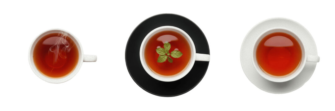 Top View Collection of Freshly Brewed Tea Cups Isolated on White Background, Perfect for Cafe Menus and Breakfast Concepts