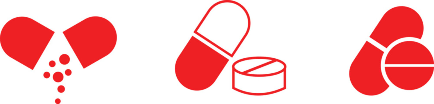 Three red medical showing an open pill capsule with powder, a capsule with a round tablet, and two stacked pills on a white background