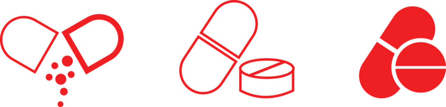 Three red medical showing an open pill capsule with powder, a capsule with a round tablet, and two stacked pills on a white background