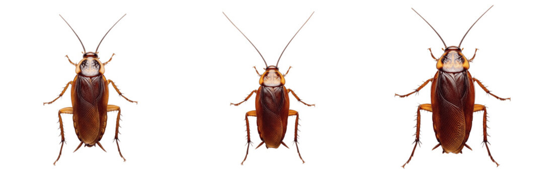 Realistic Cockroach PNG Set. Detailed German or American Cockroach Clipart Collection for Pest Control Branding, Educational Diagrams, and Halloween Graphics. Isolated Insect Elements on Transparent B