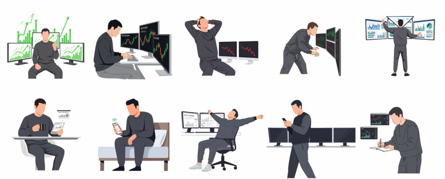 Set of male trader illustrations analyzing stock market charts and crypto graphs, showing various emotions and trading situations from profit to loss.