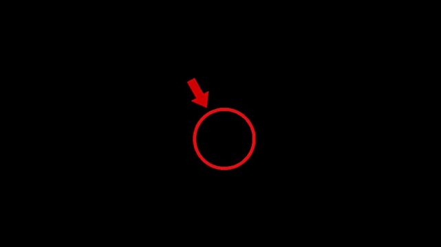A simple red circle with an arrow pointing to it on a black background