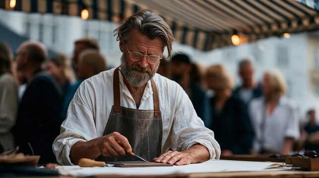 Lone bookbinder at a rain-soaked market stall covers a handmade journal in hand-tooled leather, a queue of customers watching over the shoulder, awl and needle visible mid-stitch,