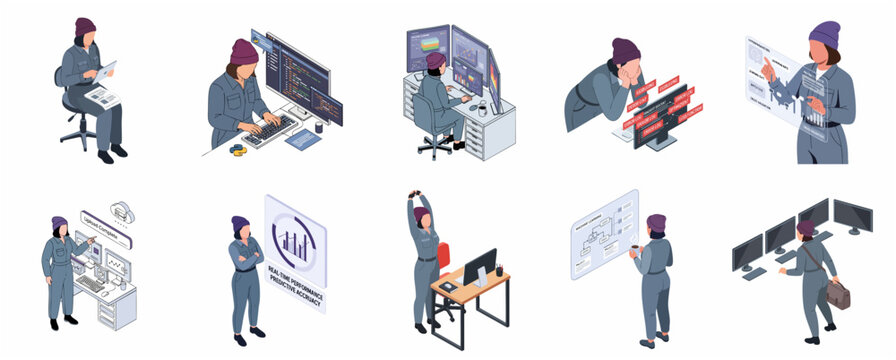 Isometric set of a female software engineer and data scientist working on machine learning, coding, debugging, and data analysis in a modern tech environment.
