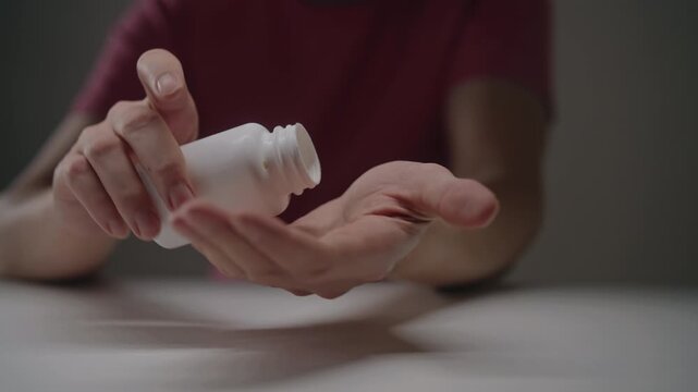 Man at table taking daily dose of medication, opens bottle, pours single white capsule into palm, and prepares to take it, concept health care and treatment, close-up, slow motion.