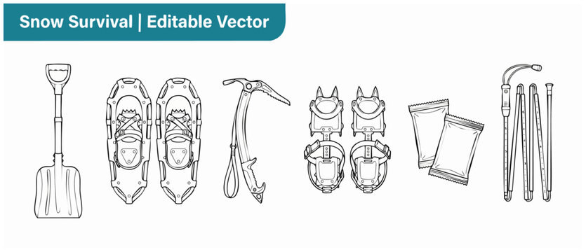 Winter survival gear vector icons set for alpine mountaineering and snow safety. Line art drawings of shovel, snowshoes, ice axe, crampons, hand warmers, and avalanche probe outdoor safety gear tools.