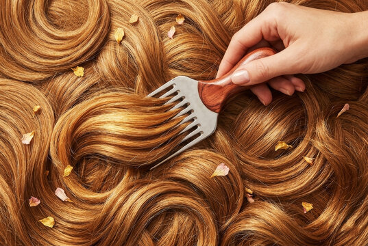 Top View of Golden Blonde Hair Arranged in Swirls and Waves with Wooden Afro Pick Comb and Flower Petals