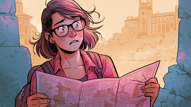 Colorful comic graphic novel illustration of female student lost with backpack reading a printed map in misty cityscape at sunset