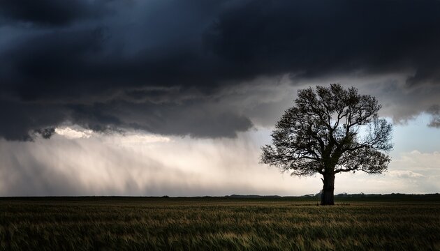 photorealistic scene of a solitary tree silhouette stormy field dark clouds above brooding atmosphere