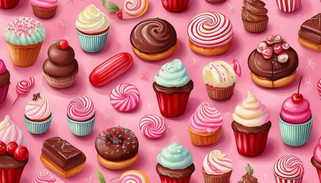 colorful sweet bakery pastry desserts seamless pattern on a pink background glaze and chocolate cupcakes candy cane cake milkshake hot cocoa and eclairs