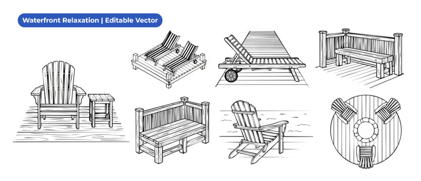 Outdoor deck furniture vector set featuring wooden Adirondack chairs garden benches lounge chairs and fire pit on waterfront pier dock for summer relaxation outline icon illustration elements packages