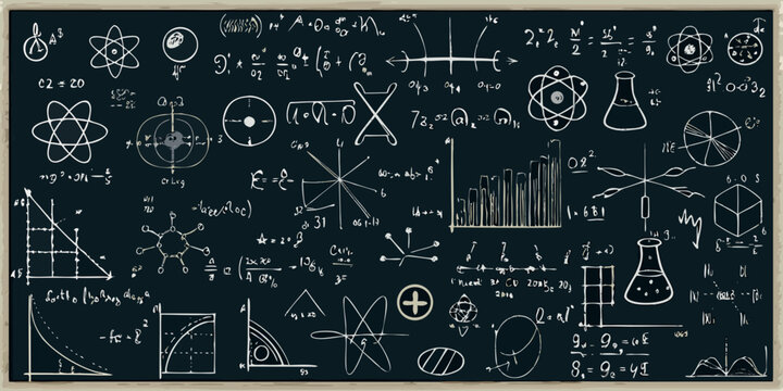 Chalkboard illustration of scientific formulas atomic structures and laboratory glassware