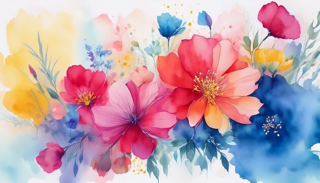 watercolor painting of pink and red flowers with blue and yellow washes on a white background