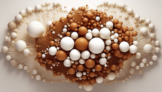 fat storage and triglyceride molecules represented by brown and white 3d circular structures with various sizes on white background