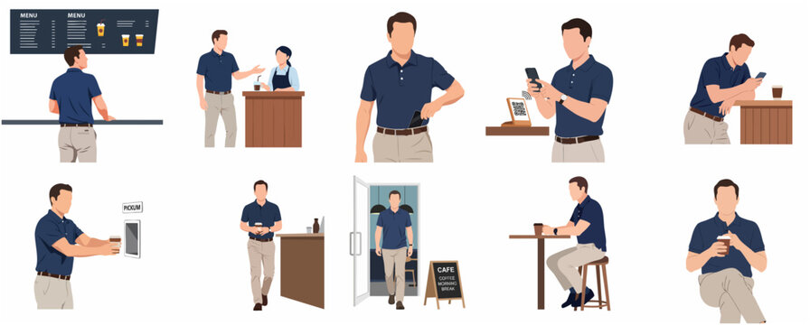 Flat vector illustration set of a man's daily coffee routine: ordering, digital payment via QR code, picking up drinks, and relaxing at a cafe.