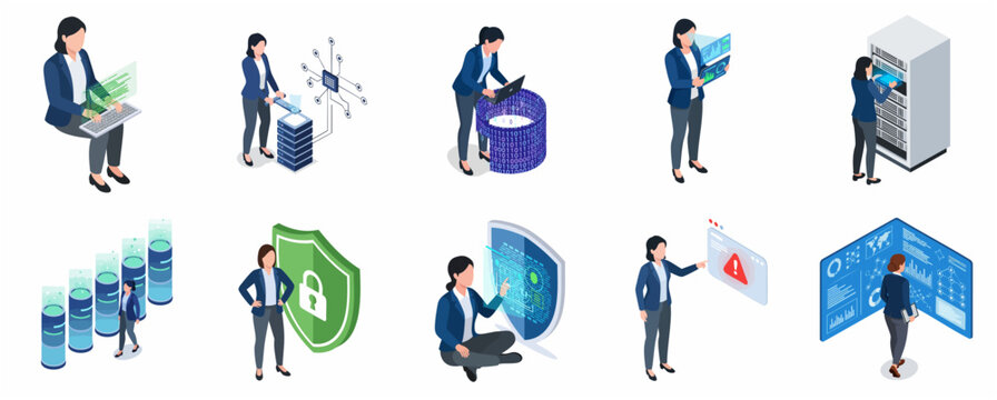 Isometric Set of Businesswoman Working with Big Data, Cybersecurity, and Server Network Management