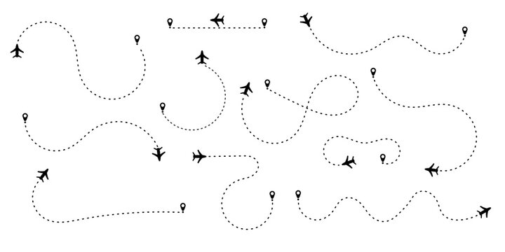 airplane flight path dotted route travel navigation vector set