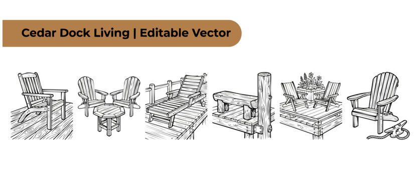 Adirondack chair vector dock furniture set with wooden lounge chair, bench, and table icons in hand drawn line art style for summer outdoor deck living, lakefront theme elements, and clip art design.