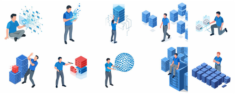 Isometric Data Center Operations Set with IT Technician Managing Servers, Cloud Computing, Network Administration, and Digital Transformation Illustrations