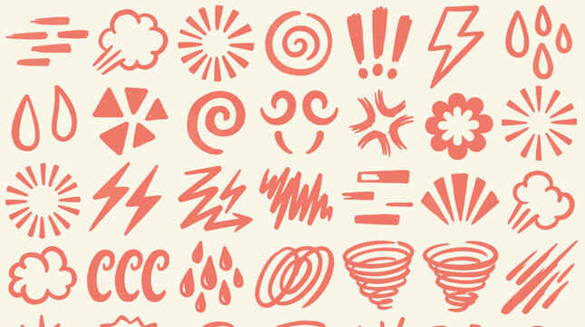 Hand-Drawn Comic Style Decorative Elements Including Lightning Clouds and Action Bursts for Creative Visual Communication