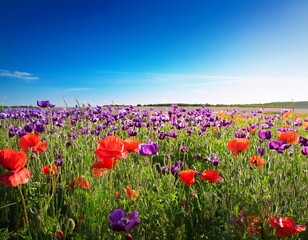 Obraz premium field with purple and red poppies on sunny day and clear blue sky natural spring background with copy space