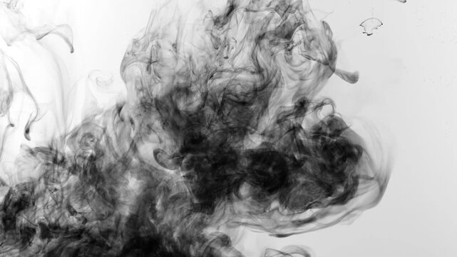 Footage of pure black ink injected into clear water on a white backdrop, dynamically expanding into dense, elegant clouds and smoke-like textures.Overlays, effects, transitions, and luma mattes.