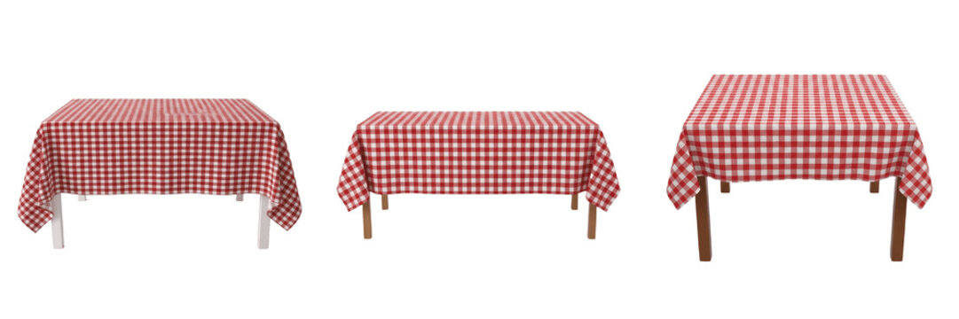 Red and White Plaid Gingham Tablecloth on Wooden Table Isolated on White Background PNG, Picnic Table Cloth Set Clipart, Country Style Dining Barbecue Grill Graphic Asset for Restaurant Menu, Catering