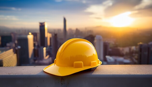 yellow construction hard hat resting on a concrete ledge overlooking a blurred city skyline