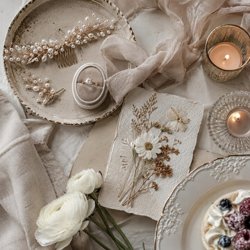 Elegant bridal flat lay with pearl hair comb, engagement ring, pressed flowers, candles, silk ribbon and dessert in soft neutral wedding styling