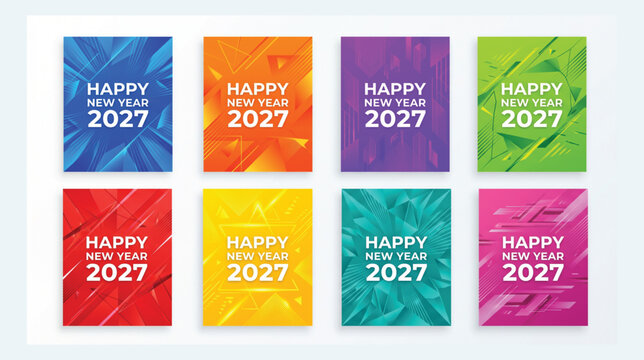 Set of colorful abstract happy new year 2027 celebration posters with geometric dynamic backgrounds multi colored celebration abstract geometric colorful background greeting creative