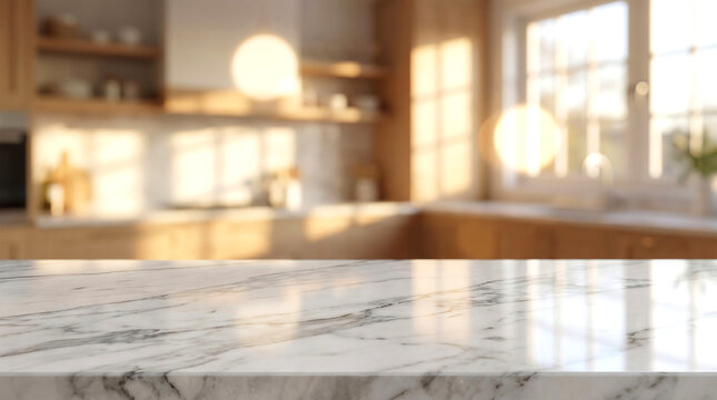 White marble table top in warm wooden kitchen with sunlight background for food product display mockup presentation