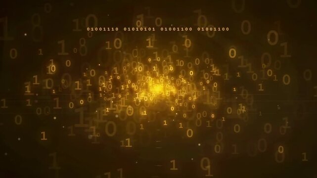 Abstract Golden Binary Code Data Stream Flowing Through Dark Digital Space Background