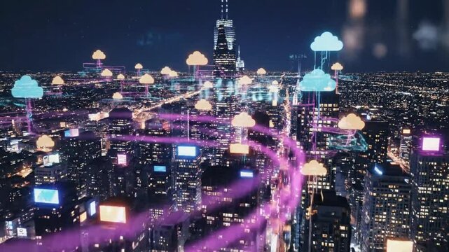 Futuristic cloud computing concept over a modern cityscape at night symbolizing digital data transfer and technology