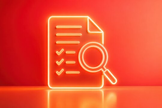 Neon document search icon with checklist and magnifying glass on red background