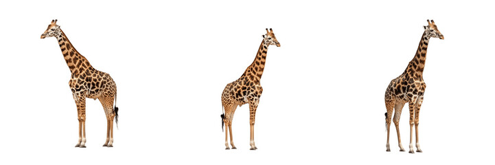 Obraz premium African Giraffe Tall Wild Animal Set Isolated PNG Clipart, Realistic Wildlife Safari Giraffes Collection, Savannah Nature Zoo Creature Elements, Educational Children Design Graphic Asset Transparent B