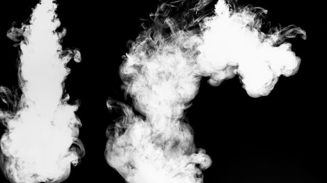 Multiple white ink streams injected into water on a black backdrop, expanding into intricate clouds, dense swirls, and smoke-like textures. Overlays, backdrops, text reveals, transitions, luma mattes