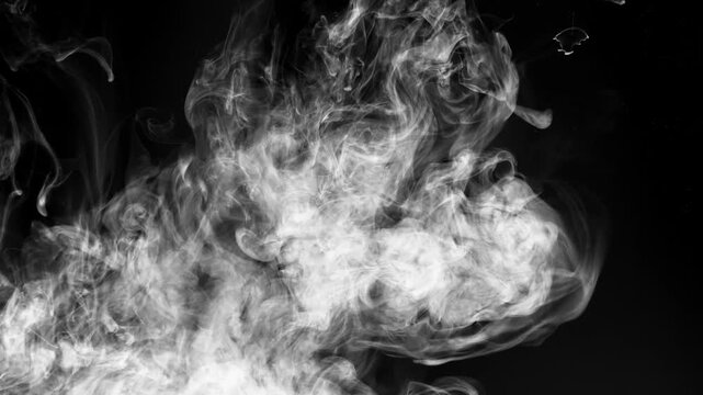 Multiple white ink streams injected into water on a black backdrop, expanding into intricate clouds, dense swirls, and smoke-like textures. Overlays, backdrops, text reveals, transitions, luma mattes